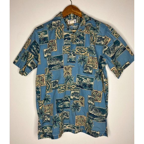 Vintage Reyn Spooner Men's Small Pullover 1/3 Button Blue Palm Trees Shirt FLAW - Picture 1 of 11